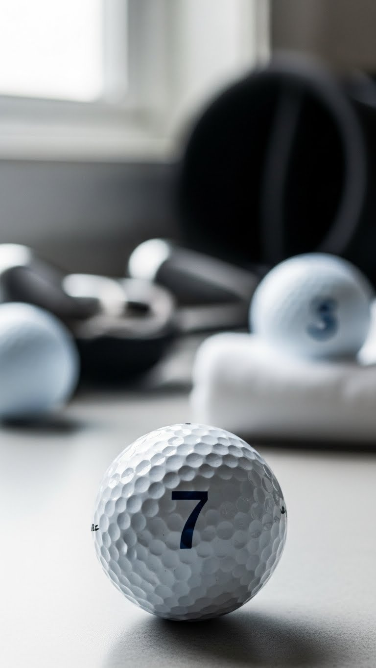 White Golf Ball With Crisp Stenciled Number 7 In Close-Up Macro Shot Against Soft Bokeh Studio Background