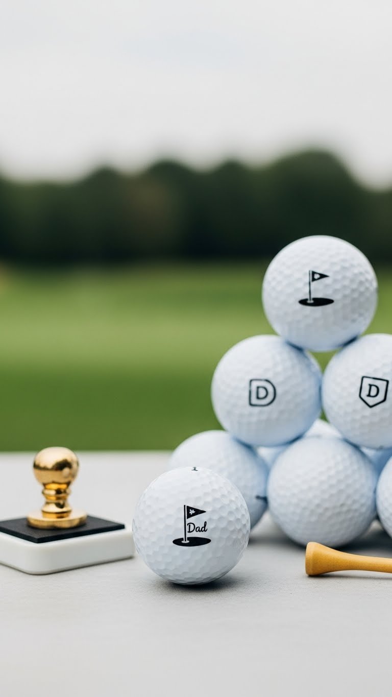 White Golf Ball With Custom Logo Stamp On Gray Studio Surface Surrounded By Soft Bokeh Golf Course Backdrop.