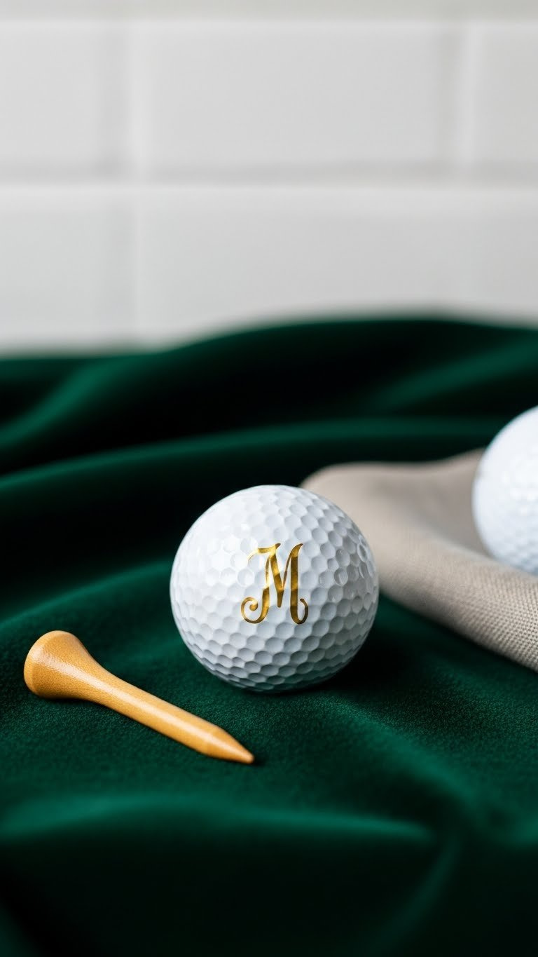 White Golf Ball With Elegant Gold Monogram On Dark Green Velvet Cloth With Soft Window Lighting
