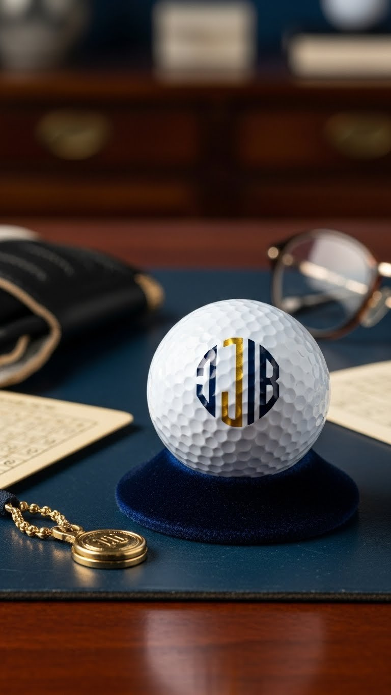 White Golf Ball With Elegant Navy 'M' Monogram Stencil Displayed On Velvet Stand In Sophisticated Office Setting.
