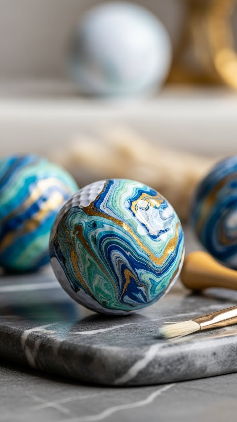 White Golf Ball With Elegant Swirling Marbled Pattern In Blues And Gold On Dark Marble Surface