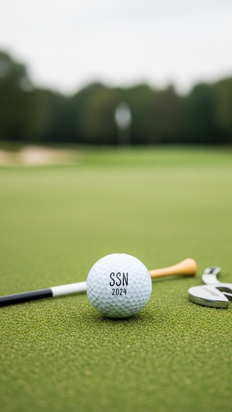 White Golf Ball With Hand-Drawn Initials Resting On Manicured Putting Green With Soft Bokeh Background And Dew-Kissed Grass.