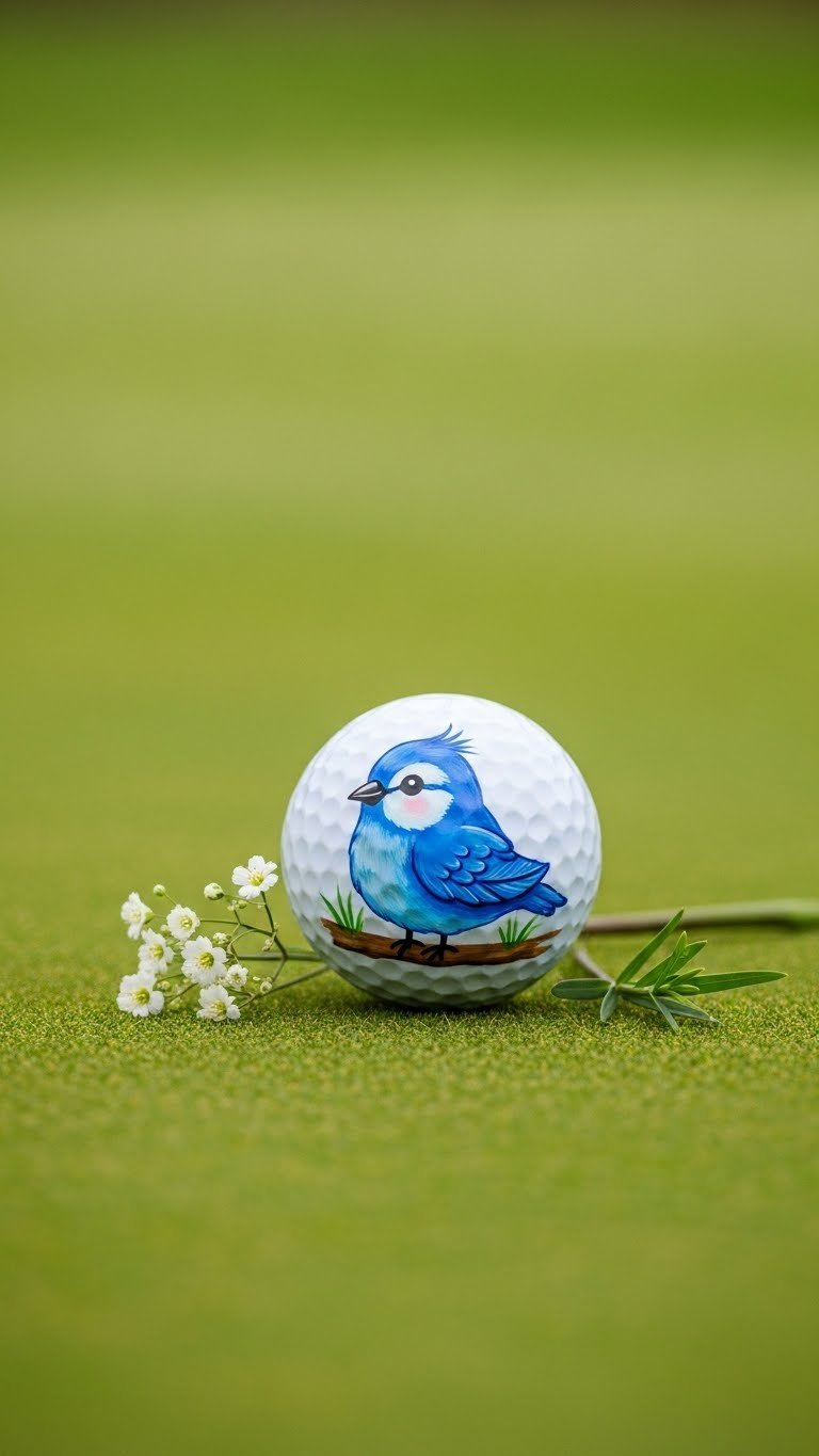White Golf Ball With Hand-Painted Blue Bird Design Resting On Fresh Green Grass With Soft Natural Lighting And Bokeh Background