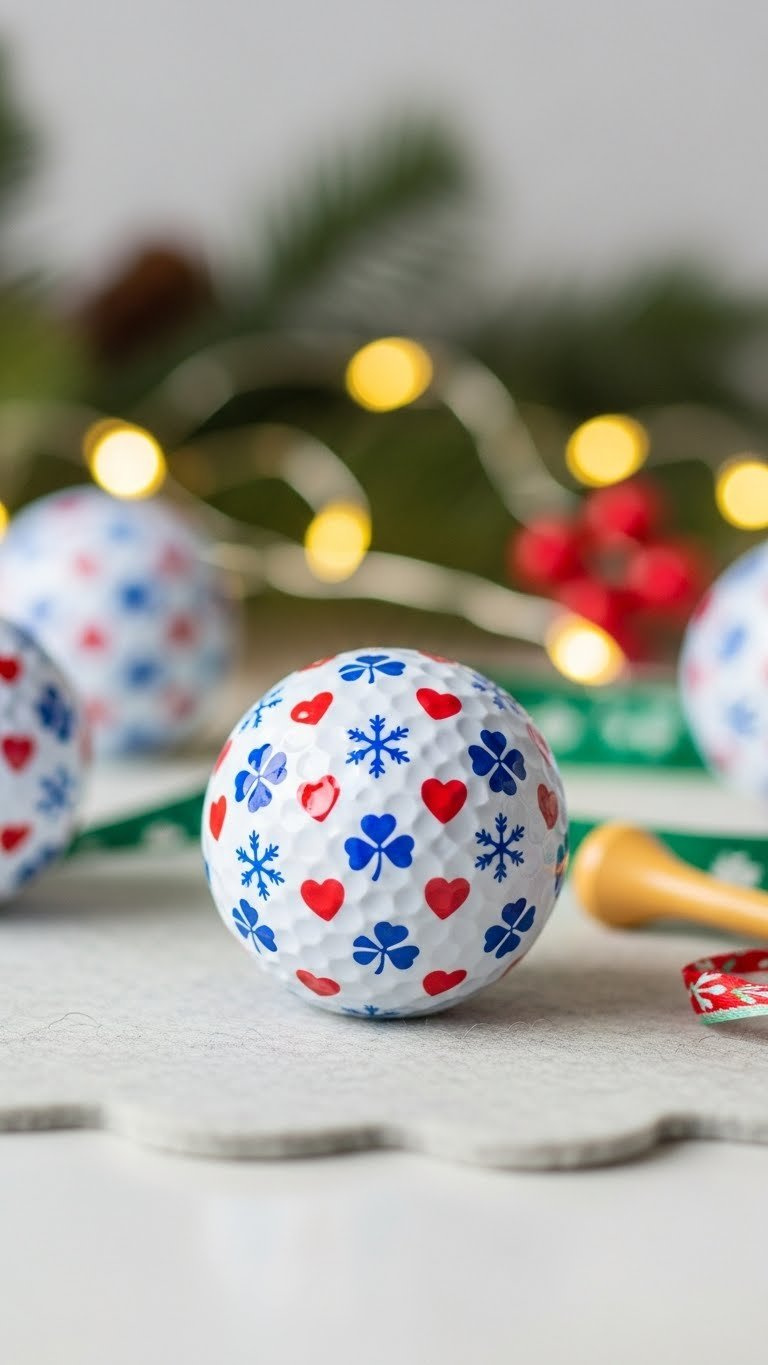 White Golf Ball With Precise Holiday Snowflake Pattern On Light Felt Fabric With Seasonal Decoration Backdrop