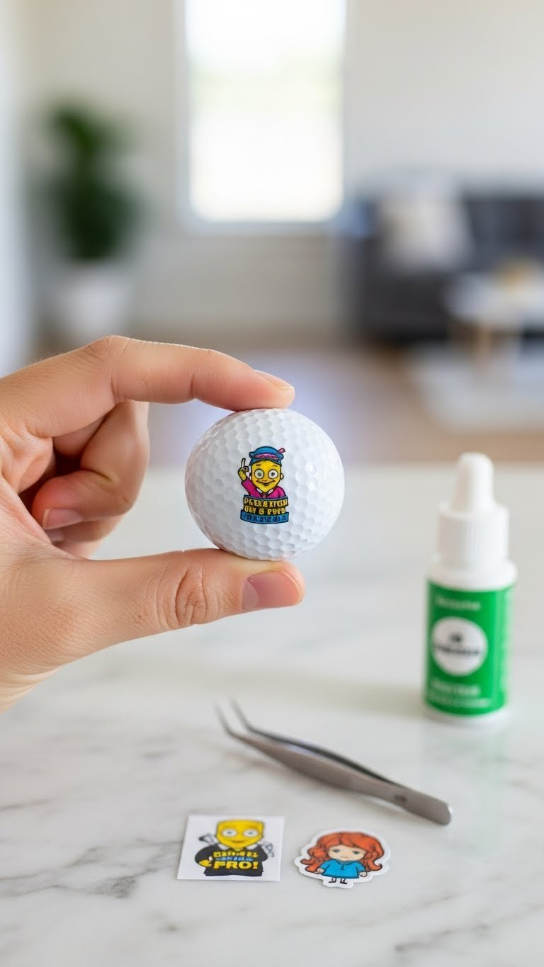 White Golf Ball With Vibrant Custom Decal Held In Open Palm Against Minimalist Background Showing Intricate Cartoon Character Details