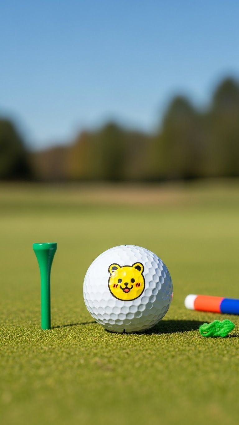 White Golf Ball With Vibrant Hand-Drawn Cartoon Character On Green Golf Course With Natural Outdoor Setting