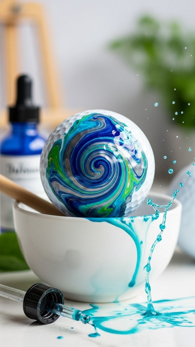 White Golf Ball With Vibrant Water-Marbled Swirl Patterns In Blues And Silvers Showcased In Minimalist Ceramic Bowl.