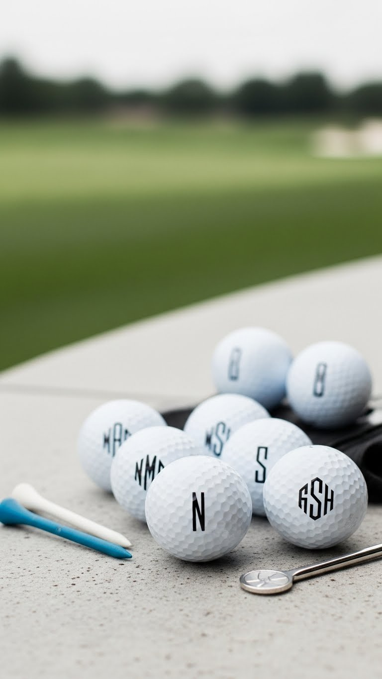 White Monogrammed Golf Balls With Elegant Black Initials On Light Gray Stone Surface Against Soft Golf Course Backdrop.
