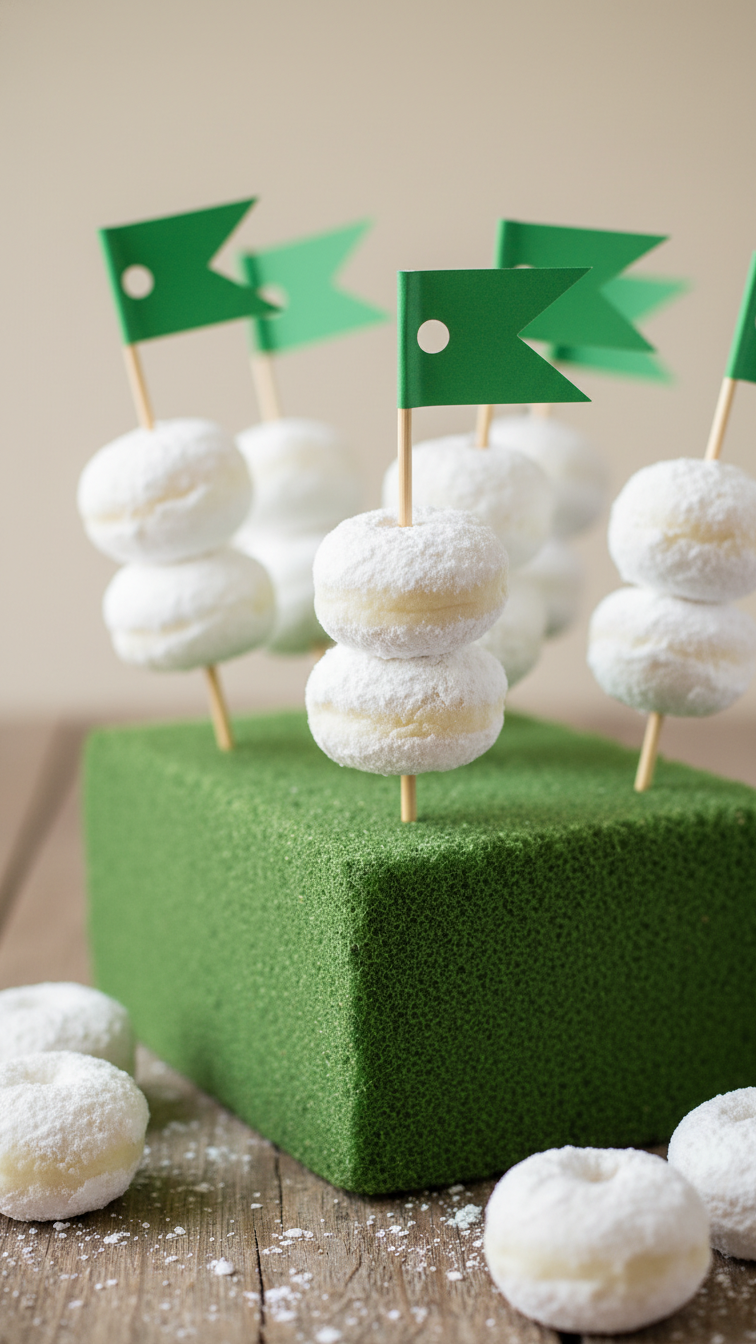 White Powdered Donut Holes On Wooden Skewers With Green Golf Flags Standing In Floral Foam Grass Display.