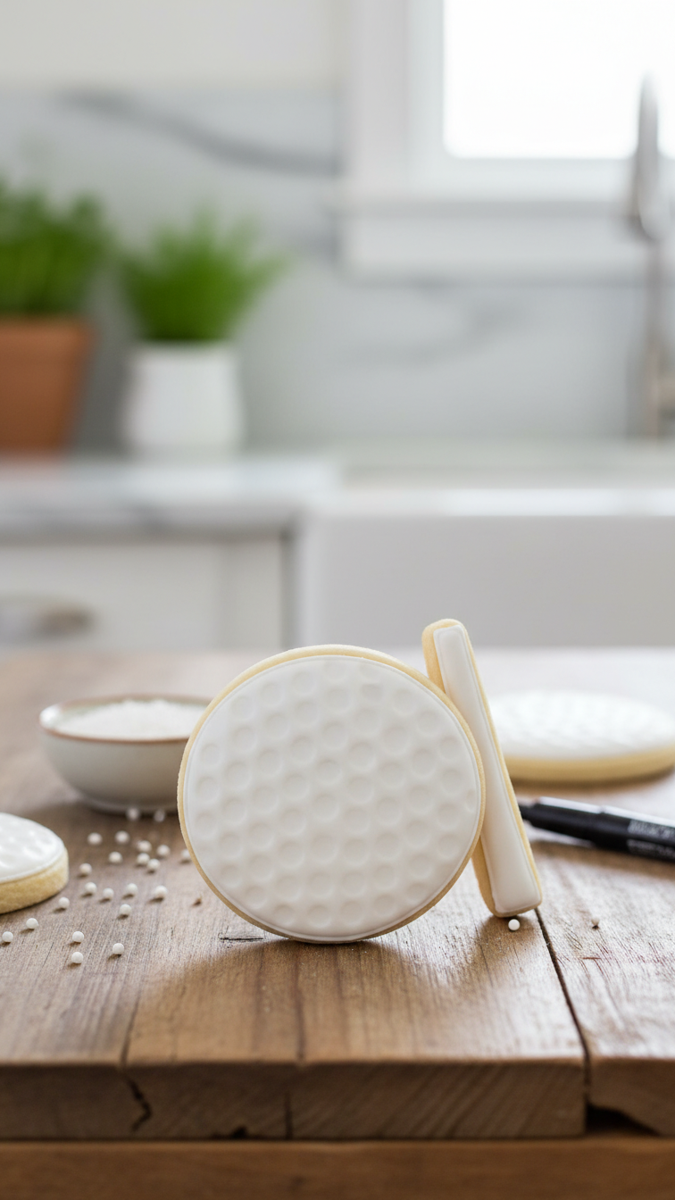 White Sugar Cookie Decorated As Realistic Golf Ball With Dimple Texture Next To Golf Tee Cookie On Rustic Wooden Table