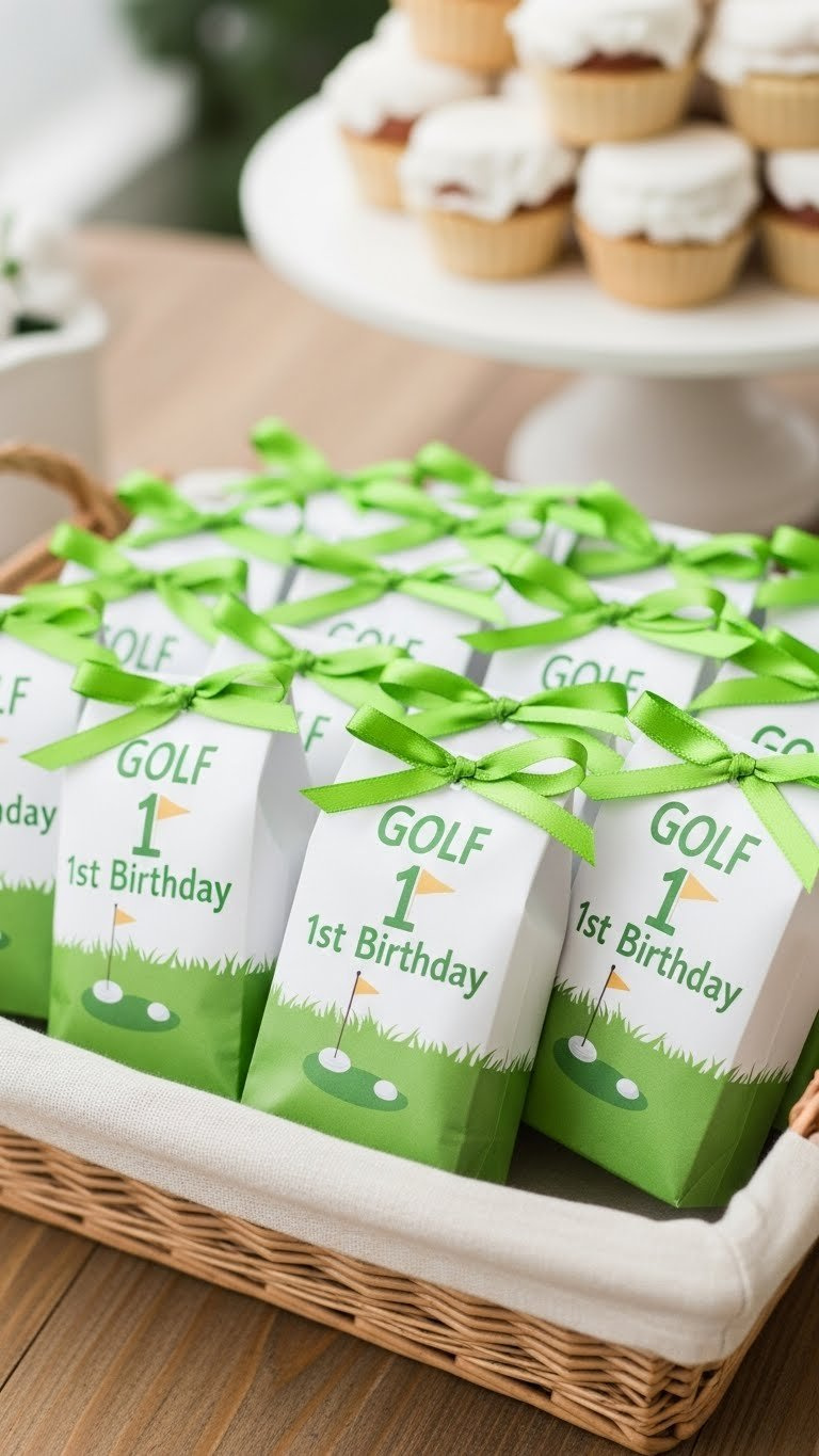 Wicker Basket Filled With Charming Golf-Themed Party Favors For First Birthday Celebration Guests