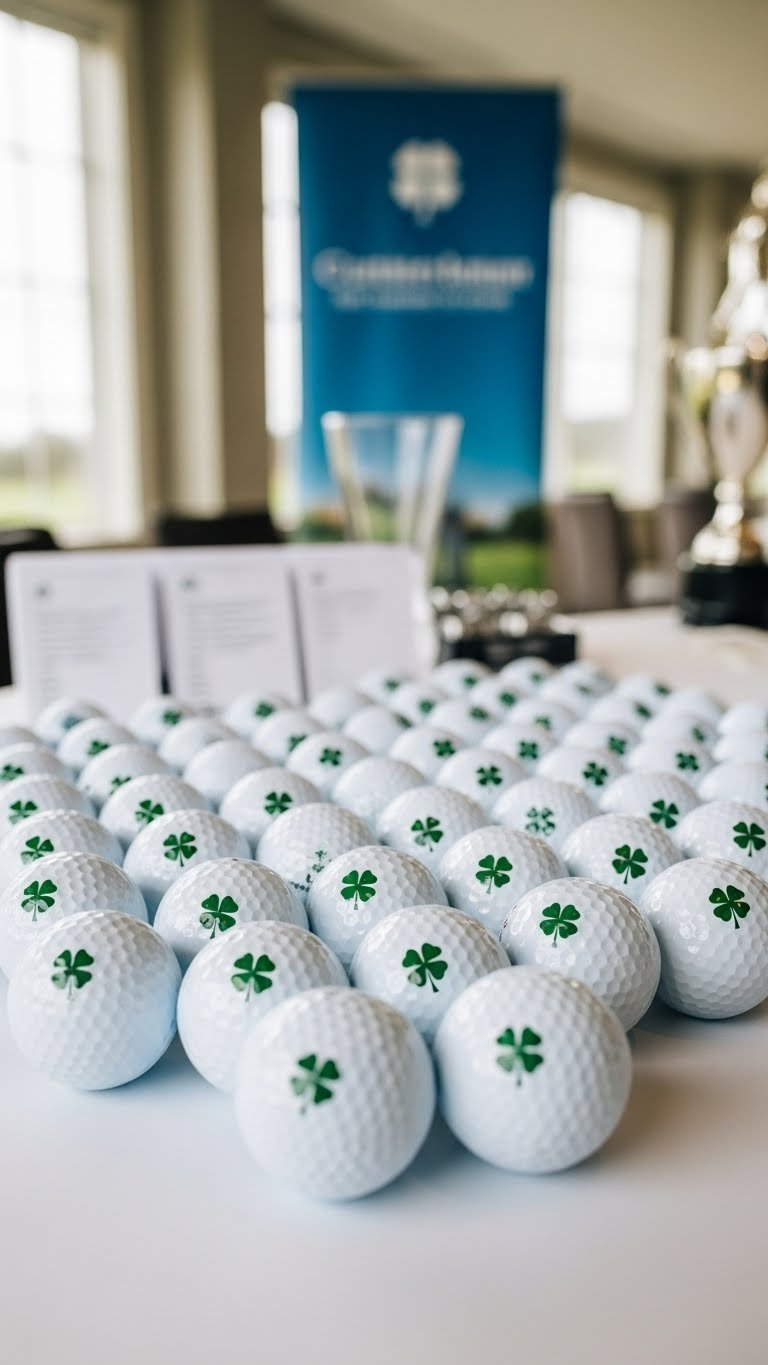 Wide Shot Of Bulk Custom Lucky Golf Balls Arranged On White Table For Tournament Events Distribution