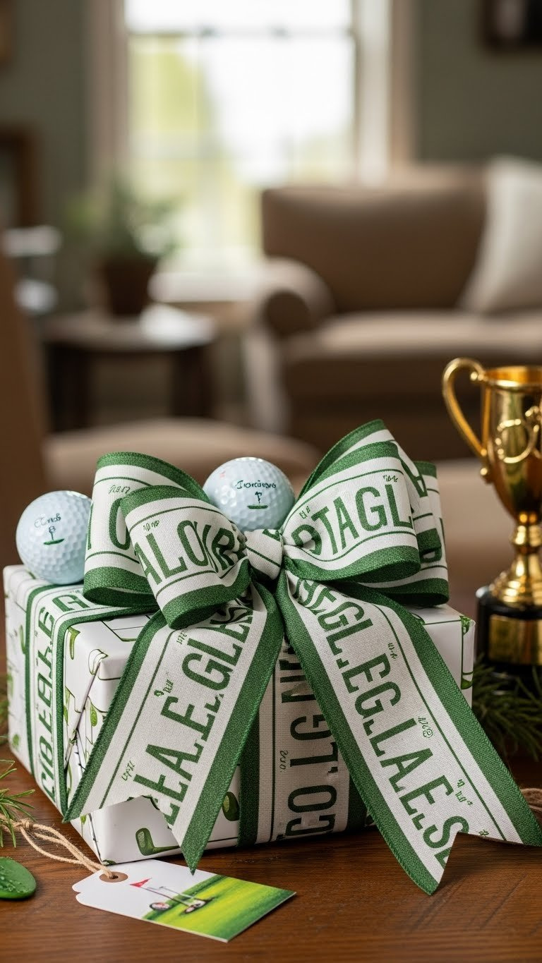Wired Edge Ribbon Bow On Golf-Themed Gift Package With Decorated Golf Balls On Wooden Table