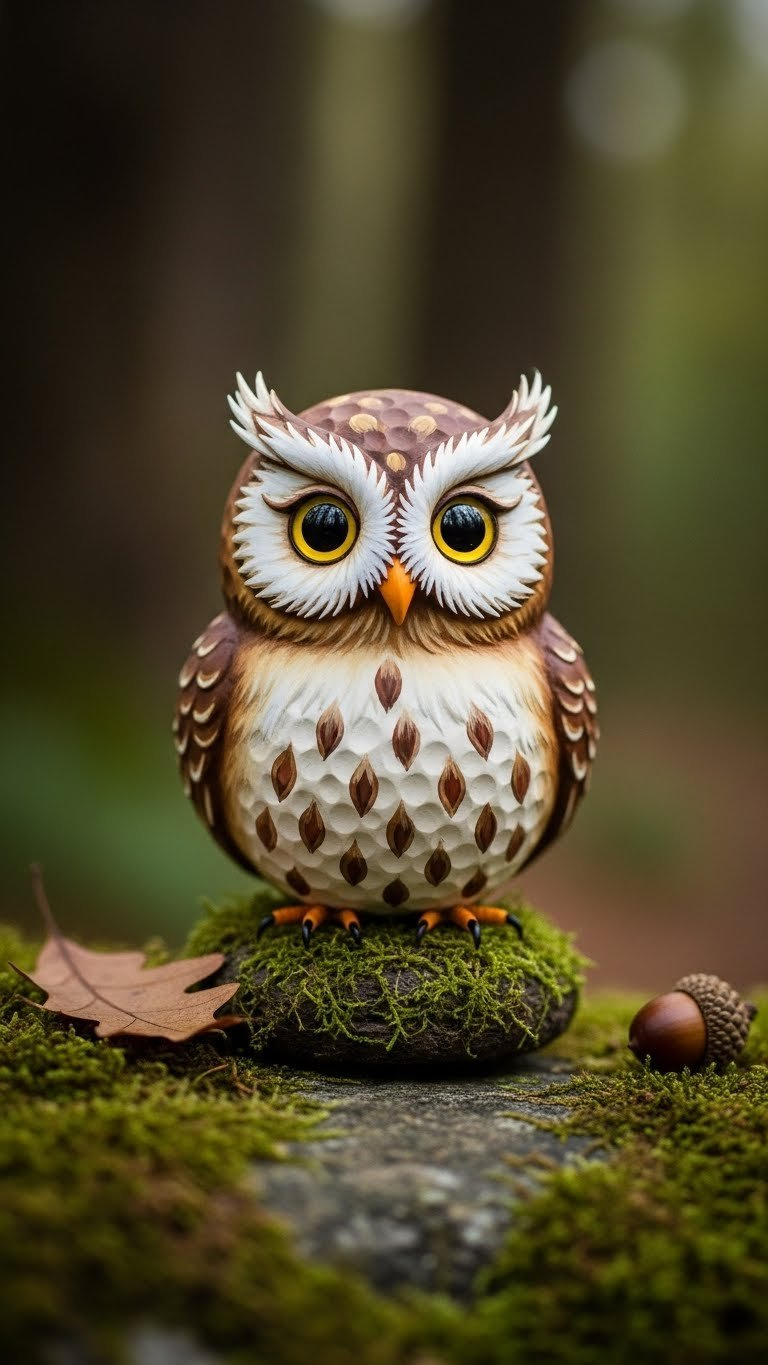 Wise Golf Ball Owl With Feather Details And Ear Tufts Perched On Mossy Branch In Woodland Setting