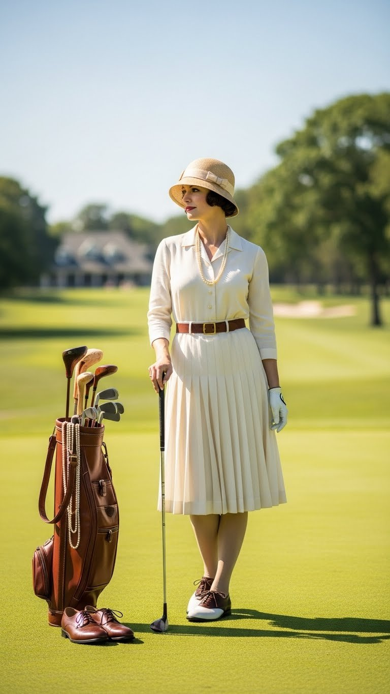 Woman In 1920S Flapper-Era Drop-Waist Golf Dress With Cloche Hat Posing Elegantly On Lush Green Golf Course With Vintage Clubs
