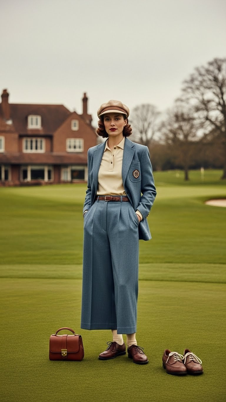 Woman In 1930S-1940S High-Waisted Golf Trousers And Polo Shirt Standing Elegantly On Manicured Green With Classic Clubhouse Backdrop
