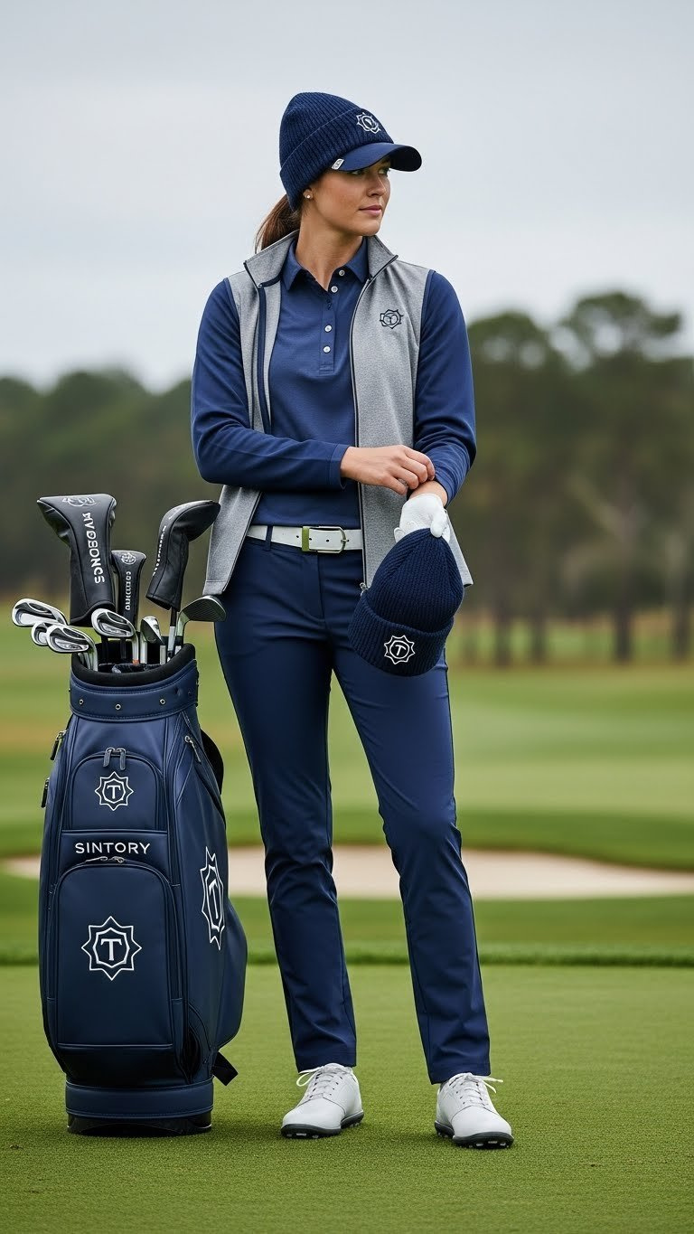 Woman Layered In Performance Golf Apparel With Quarter-Zip Over Polo On Overcast Course