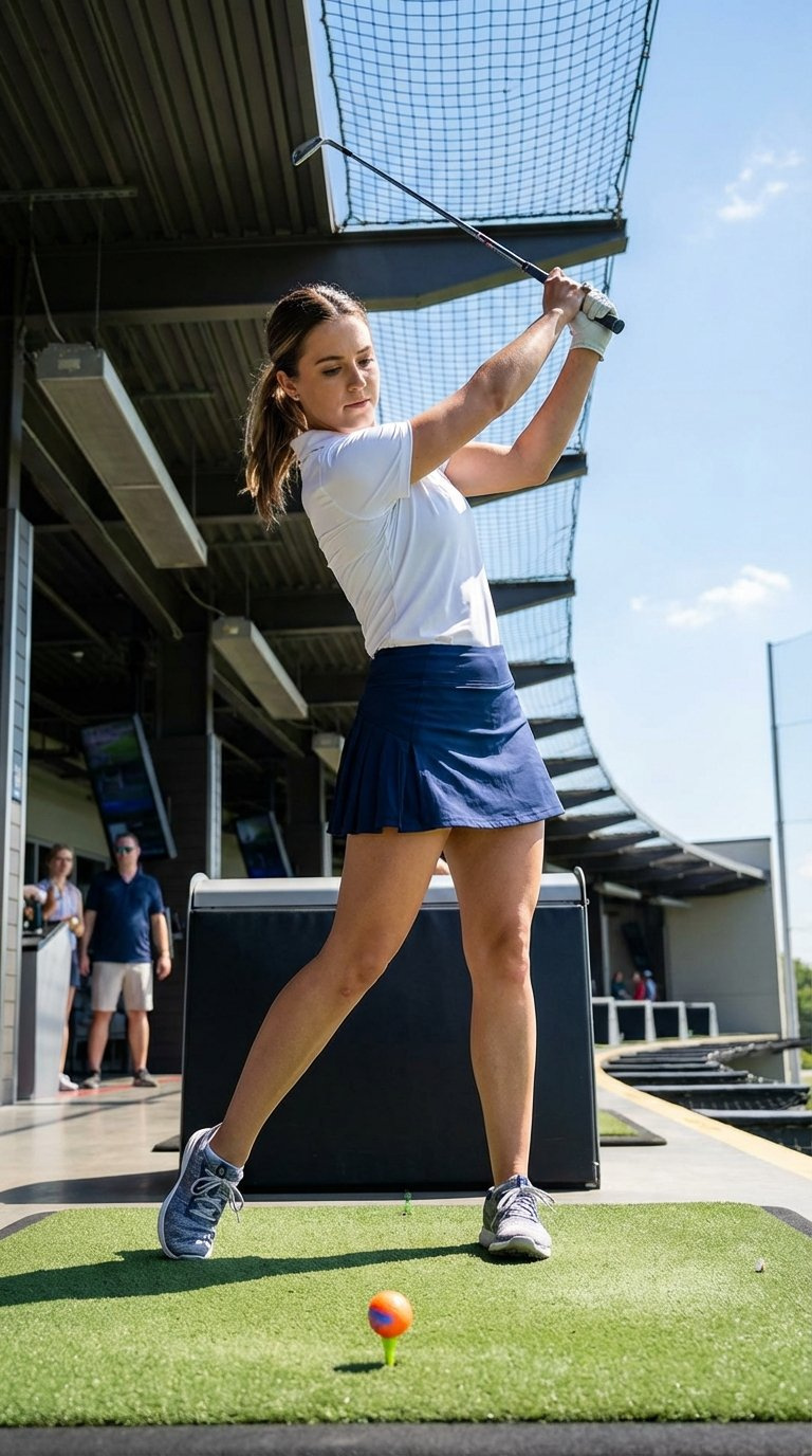 Woman Mid-Swing In Crisp White Polo And Navy Pleated Skort Showcasing Freedom Of Movement At Sunny Topgolf Bay