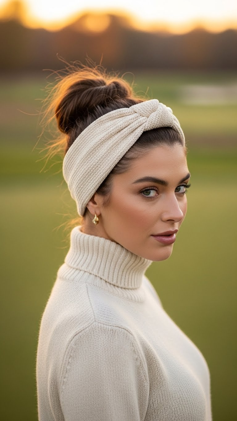 Woman On A Golf Course At Golden Hour With An Elegant Half-Up Hairstyle And Sparkling Jeweled Knotted Golf Headband.