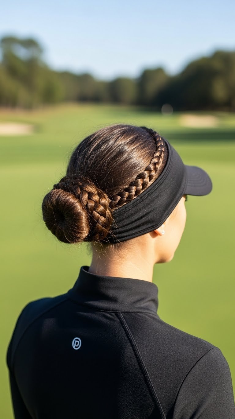 Woman On A Vibrant Golf Course Showcasing A Sophisticated Braided Bun Secured By A Wide Athletic Moisture-Wicking Headband.