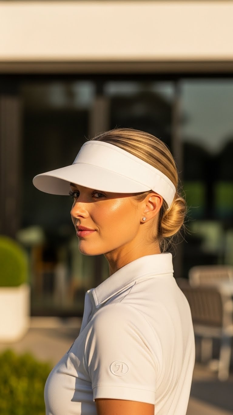 Woman Wearing Golf Visor With Sleek Dark Blonde Low Bun In Elegant Outdoor Golden Hour Lighting