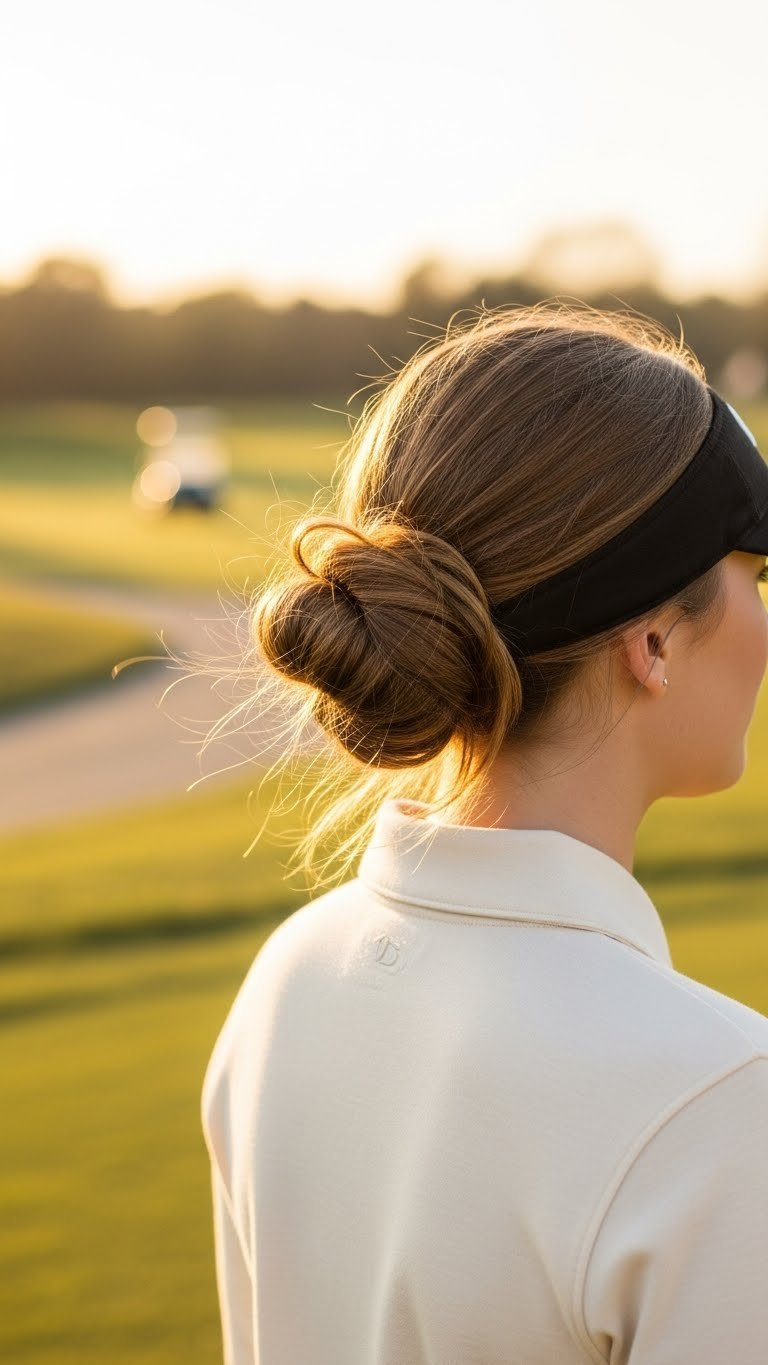 Woman Wearing Low Messy Bun With Golf Visor On Golden Hour Golf Course With Soft Blurred Background