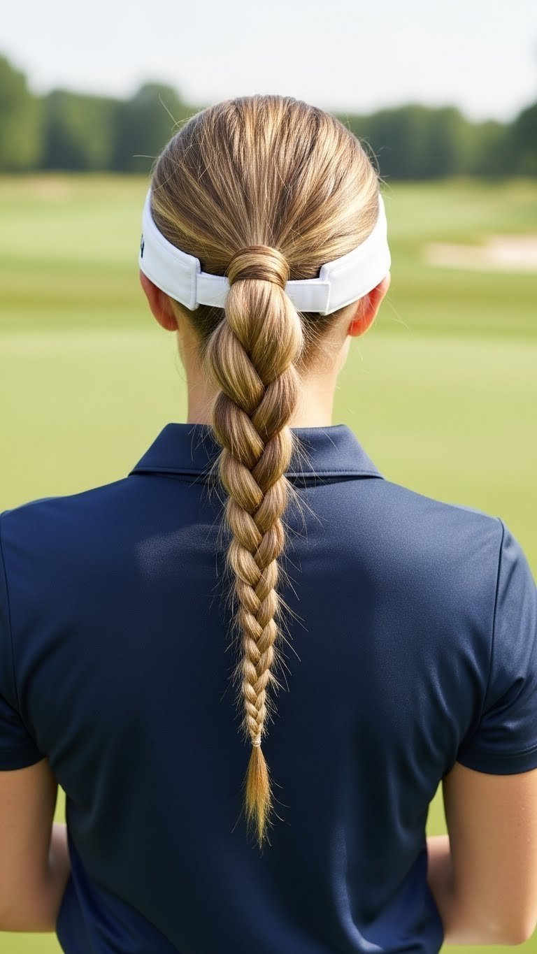 Woman With Braided Ponytail Hairstyle On Golf Course Wearing Polo Shirt And Visor With Soft Bokeh Background