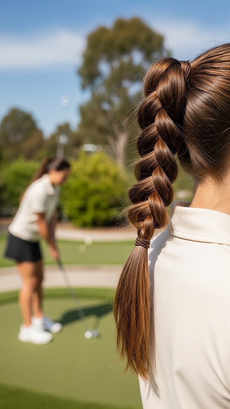 Woman With Chestnut Brown French Braid Ponytail Against Blurred Mini Golf Course Background In Bright Daylight Setting