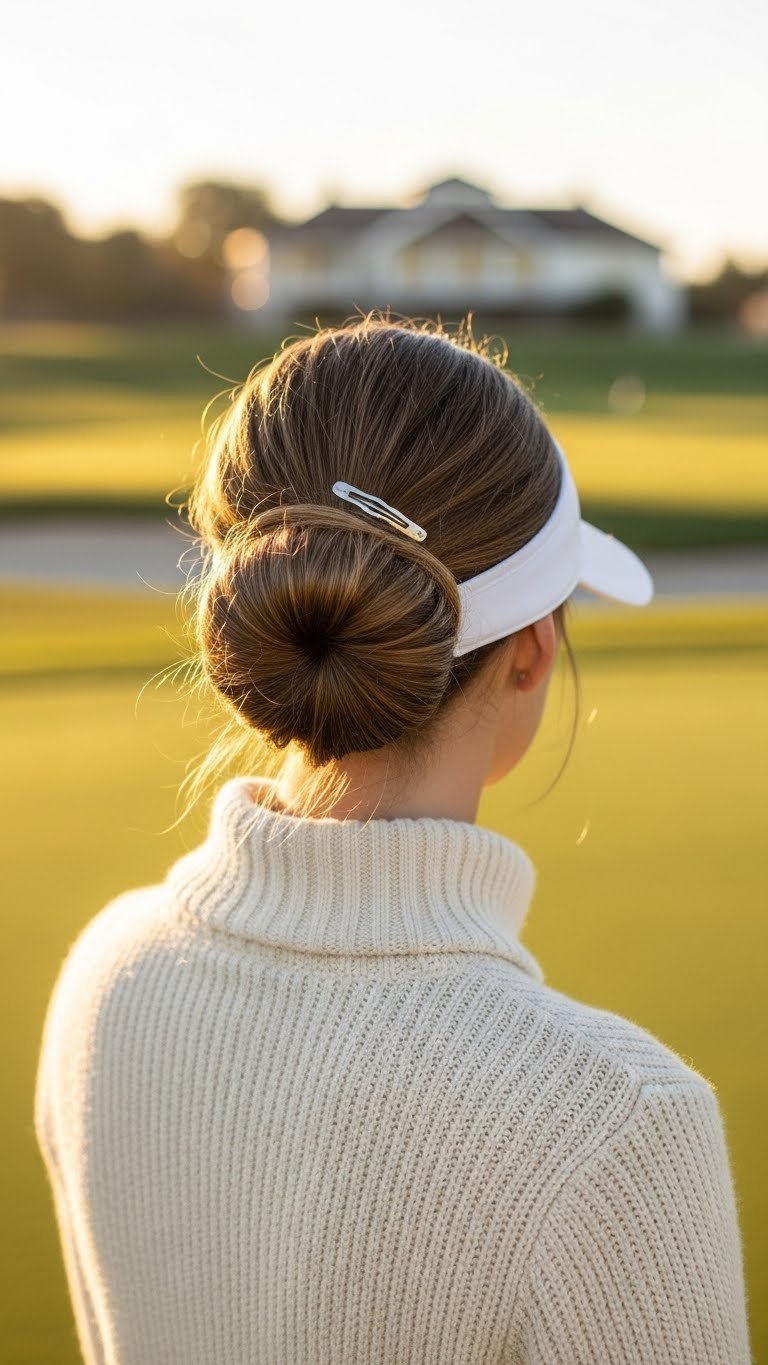 Woman With Chic Low Messy Bun Hairstyle On Sunny Golf Course During Golden Hour With Soft Shadows