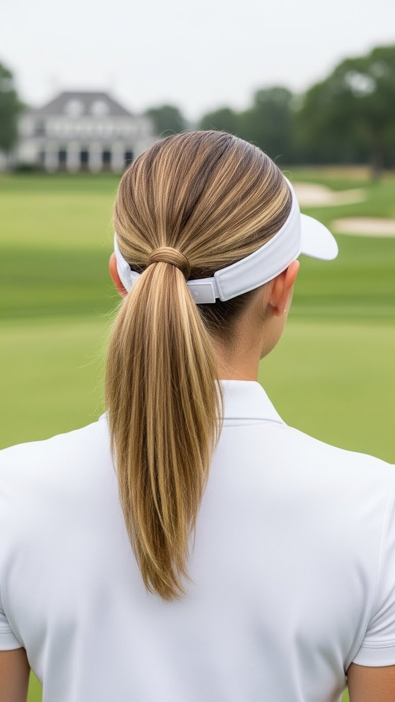 Woman With Classic Low Ponytail Hairstyle On Golf Course With Blurred Green Background And Soft Daylight Illumination