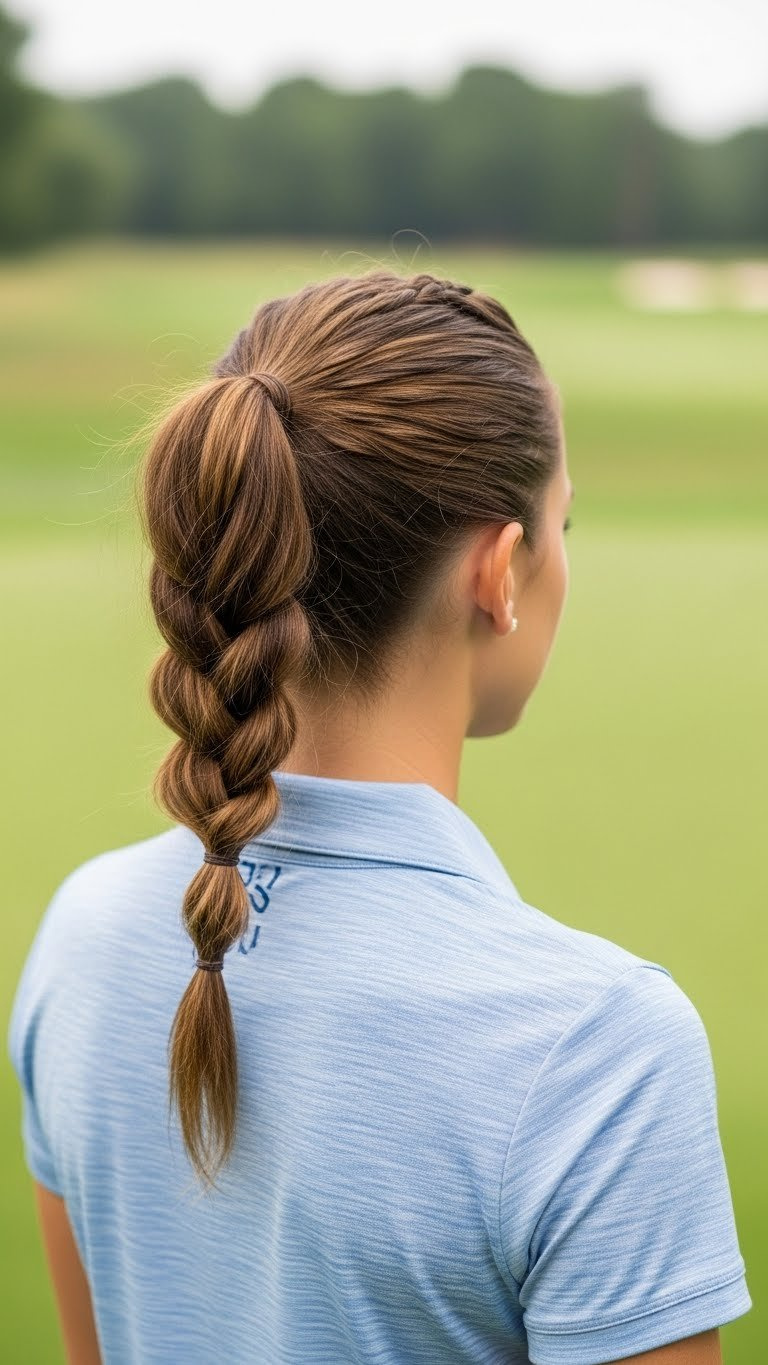Woman With Curly Hair Wearing A Secure Braided Ponytail Hairstyle Perfect For Wind-Resistant Golf Activities On A Green Course.