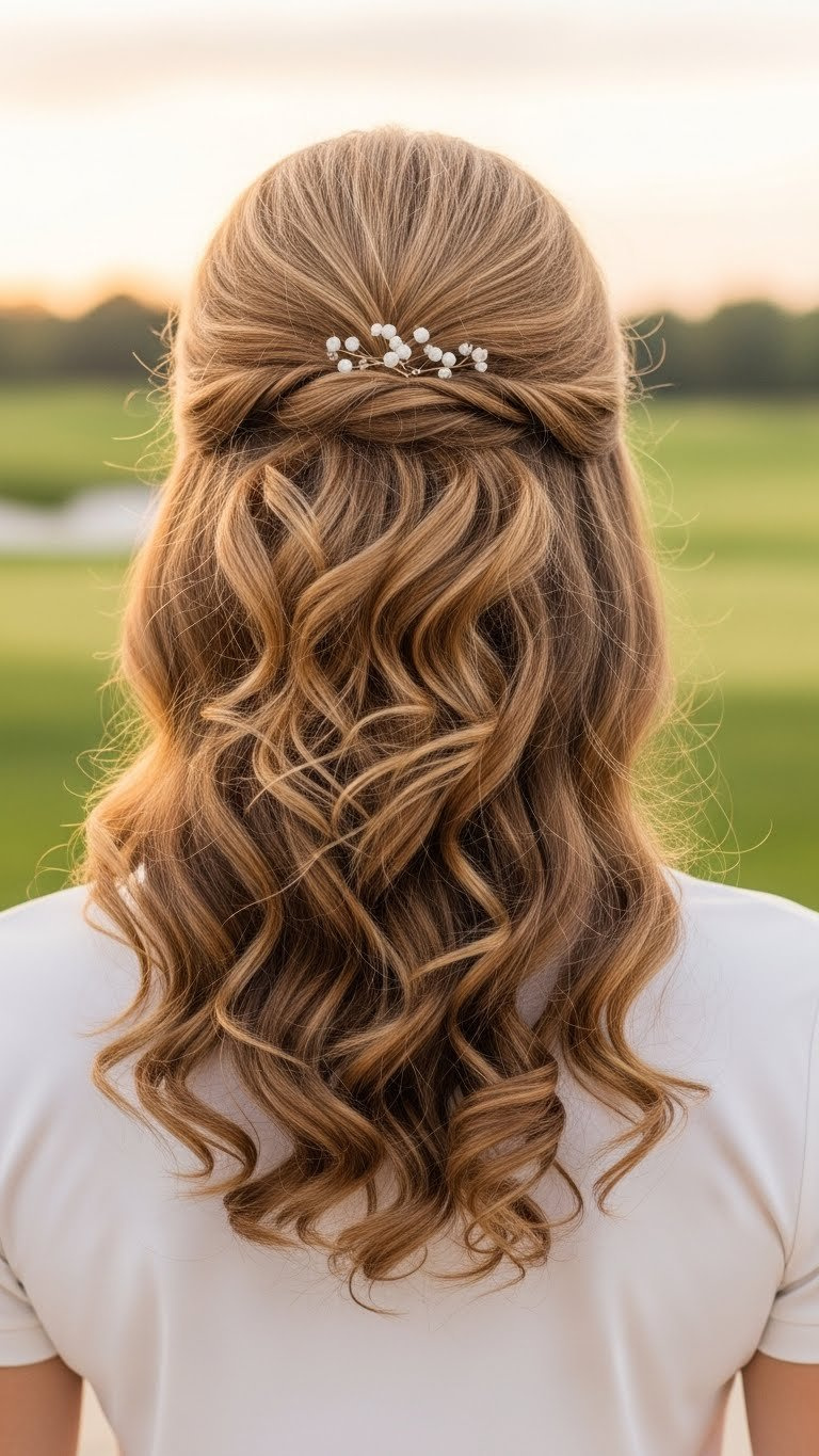 Woman With Flowing, Defined Curly Hair In An Elegant Half-Up Style, Secured With Pins, Perfect For Golfing On A Country Club Patio.