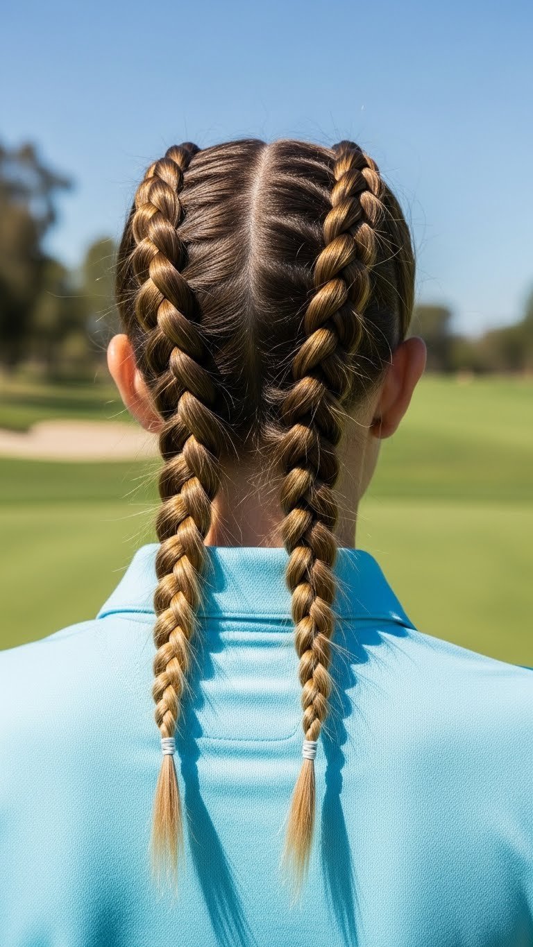 Woman With Intricate Double Dutch Braids Hairstyle On Sunny Golf Course With Clear Blue Sky Background