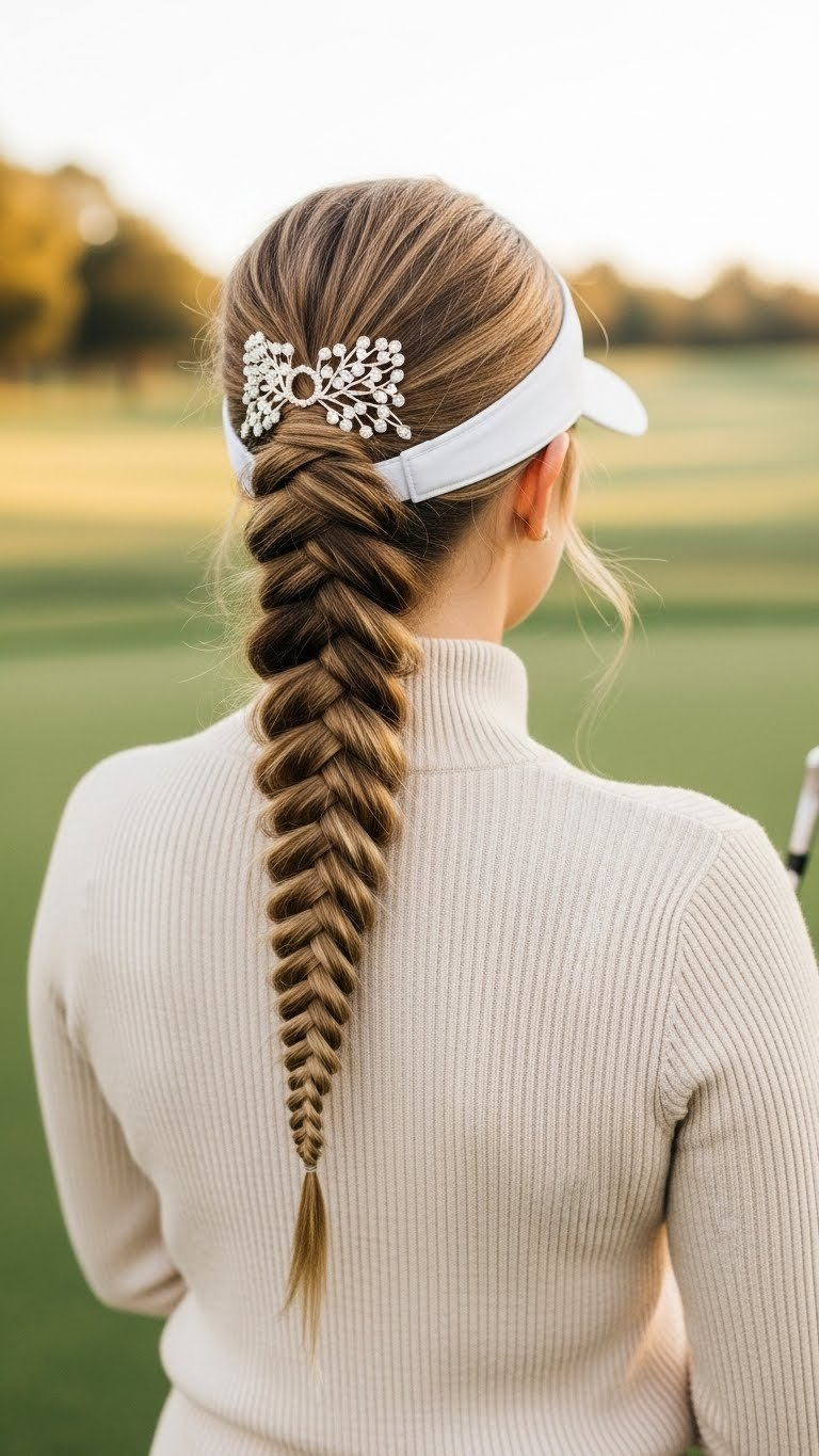 Woman With Intricate Fishtail Braid On Golf Course With Delicate Hair Accessory And Soft Natural Lighting