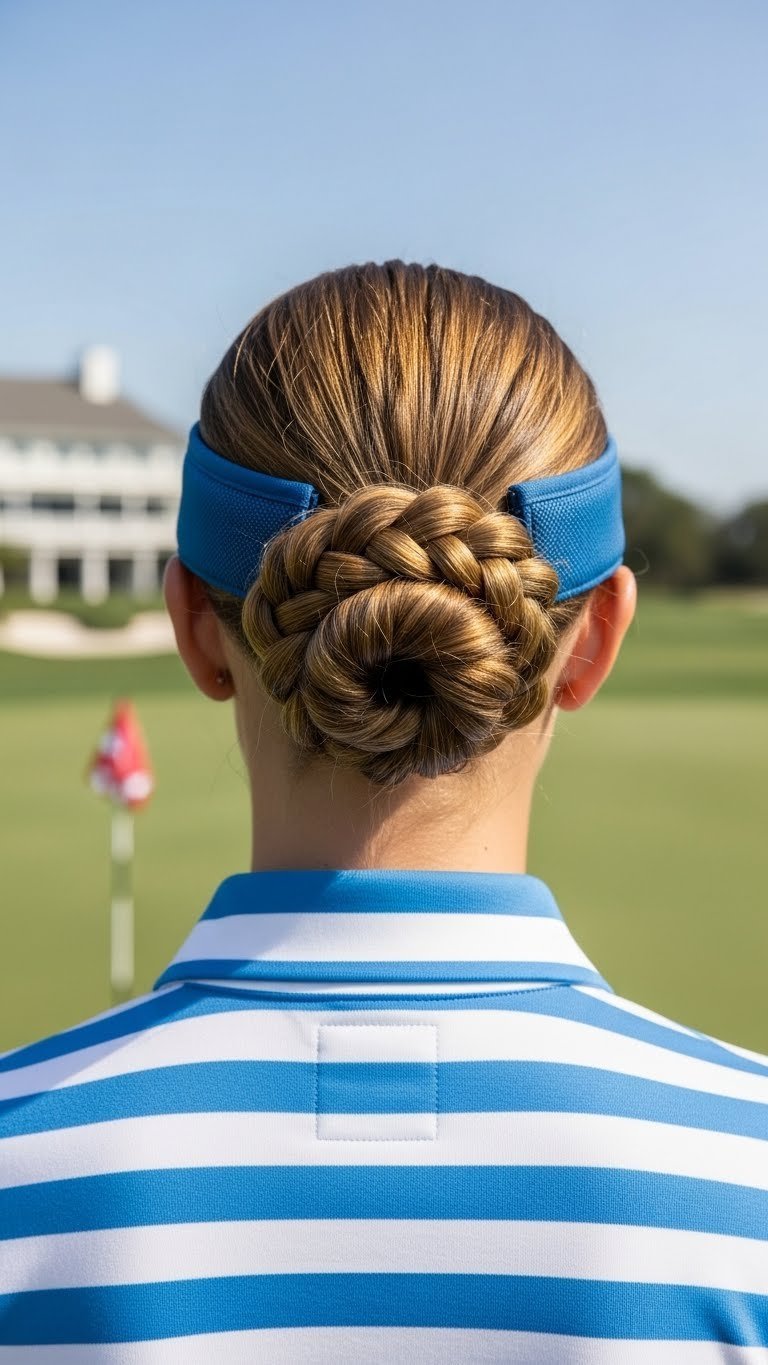 Woman With Low Braid Bun At Nape Of Neck Perfectly Accommodating Golf Visor On Putting Green Background