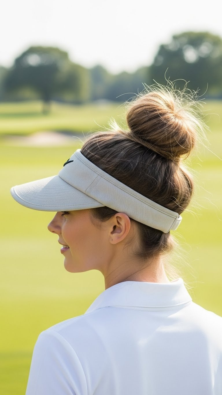 Woman With Messy Bun Hairstyle Under Golf Visor In Outdoor Setting With Green Fairways And Natural Lighting