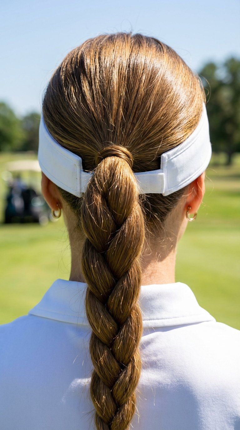Woman With Secure Braided Ponytail Under Golf Visor On Sunny Golf Course With Soft Bokeh Background