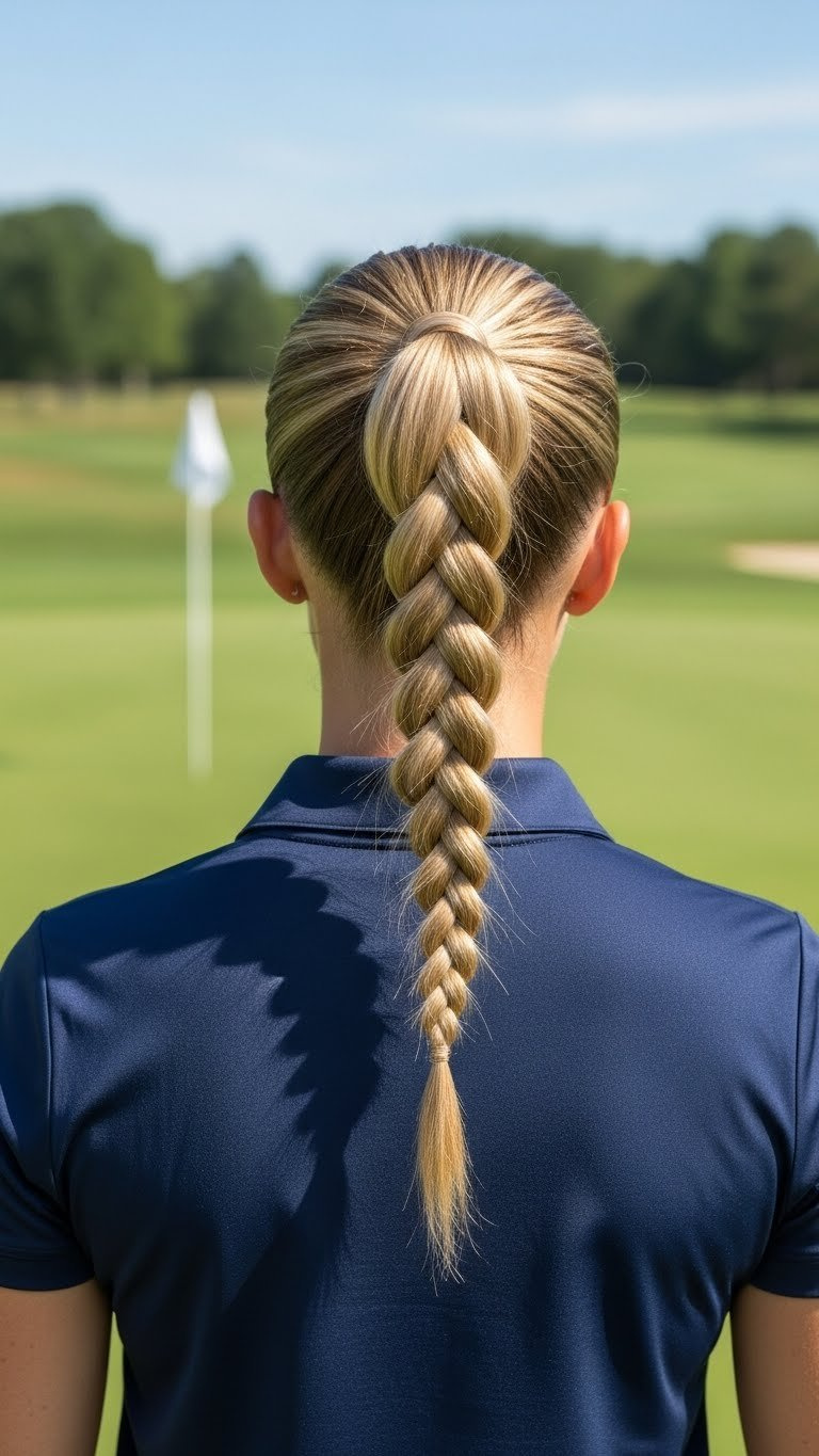 Woman With Sleek High Braided Ponytail On Golf Course With Soft Bokeh Background And Distant Golf Flag