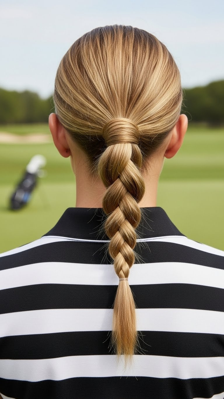 Woman With Sleek Low Braided Ponytail On Golf Course With Polished Appearance And Distant Golf Bag