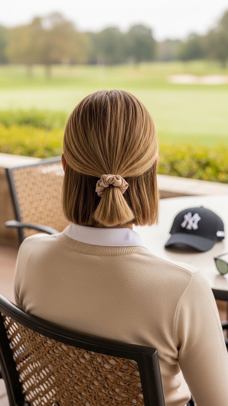 Woman With Sleek Low Ponytail Bob Hairstyle In Shaded Patio Setting With Golf Course Backdrop