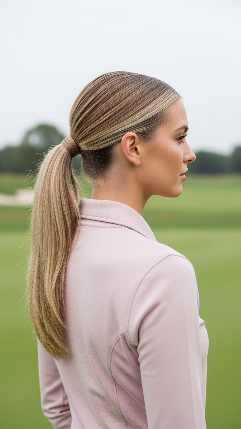 Woman With Slick Back High-Gloss Ponytail On Golf Course With Elegant Gray And Pink Color Palette