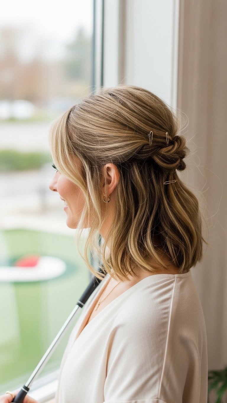 Woman With Sun-Kissed Blonde Half-Up Twist Hairstyle Using Decorative Bobby Pins In Casual Mini Golf Setting