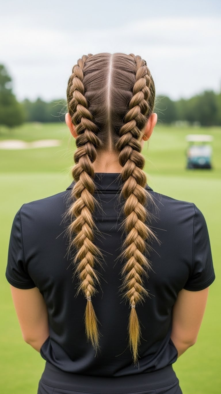Woman With Symmetrical Double Bubble Braids On Golf Course With Vibrant Daylight And Distant Golf Cart