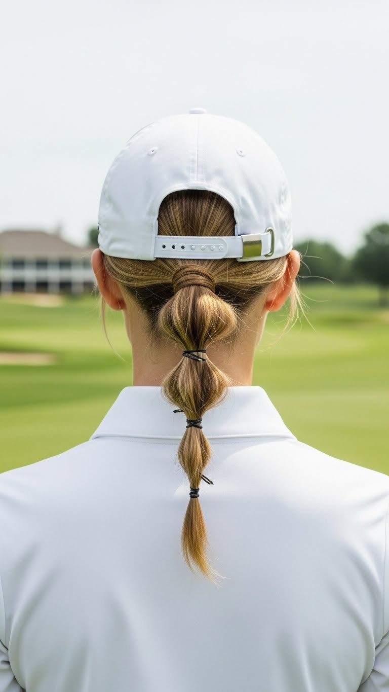 Woman With Tucked-In Ponytail Hairstyle Under Golf Cap On Sunny Golf Course With Minimalist Layout