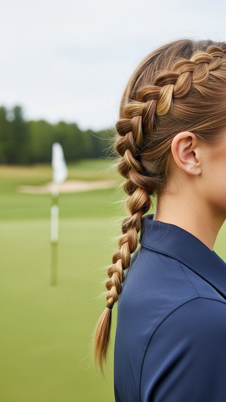 Woman With Twisted Side Braid Framing Face On Golf Course With Bright Daylight And Distant Golf Flag