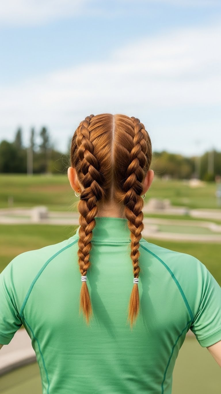 Woman With Vibrant Red Double French Braids Showcasing Sporty Hairstyle For Active Mini Golf Outing