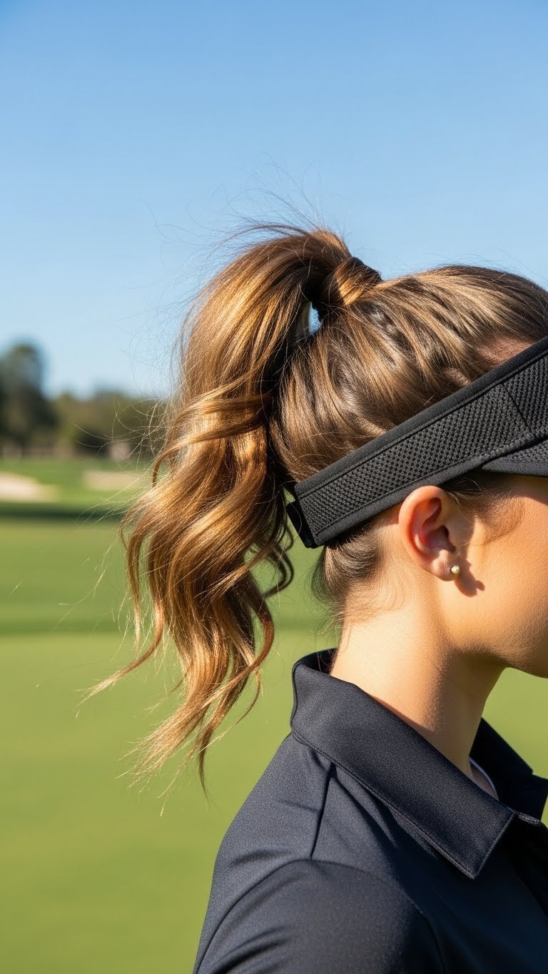 Woman With Voluminous High Ponytail Hairstyle On Vibrant Green Golf Course With Golf Visor And Soft Bokeh