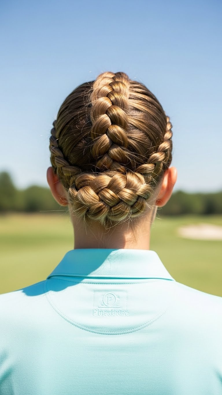 Woman'S Half-Up French Braid Hairstyle Captured In Close-Up With Soft Bokeh Golf Course Background For Active Golf Lifestyle
