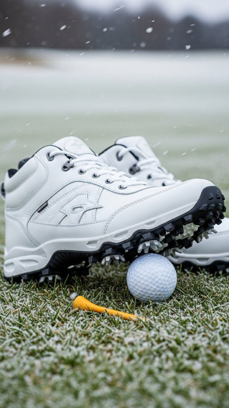 Women'S Waterproof Winter Golf Shoes With Insulated Lining And Aggressive Sole Grip On Frosted Grass.