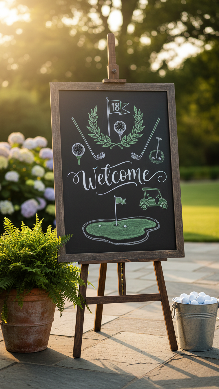 Wooden Easel With Chalkboard Welcome Sign Decorated With Golf Illustrations On Outdoor Patio Setting